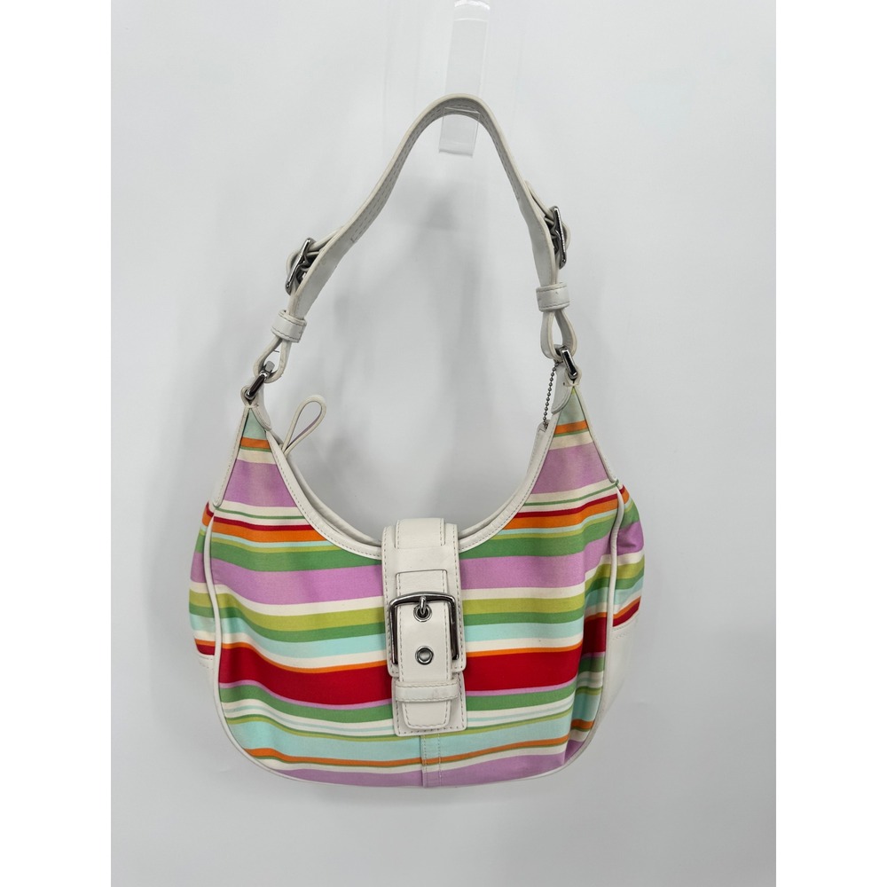 Coach Soho Shoulder Bag Womens Small Multi-Color Striped Y2K Canvas Leather - Picture 4 of 16